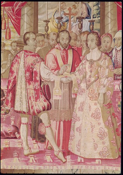 Der Charles V Wandteppich, der die Hochzeit von Karl V (1500-58) mit Isabella von Portugal (1503-39) im Jahr 1526 darstellt, Detail des Kardinals, der das Paar segnet, Brügge, ca. 1630-40 (Detail) von Flemish School